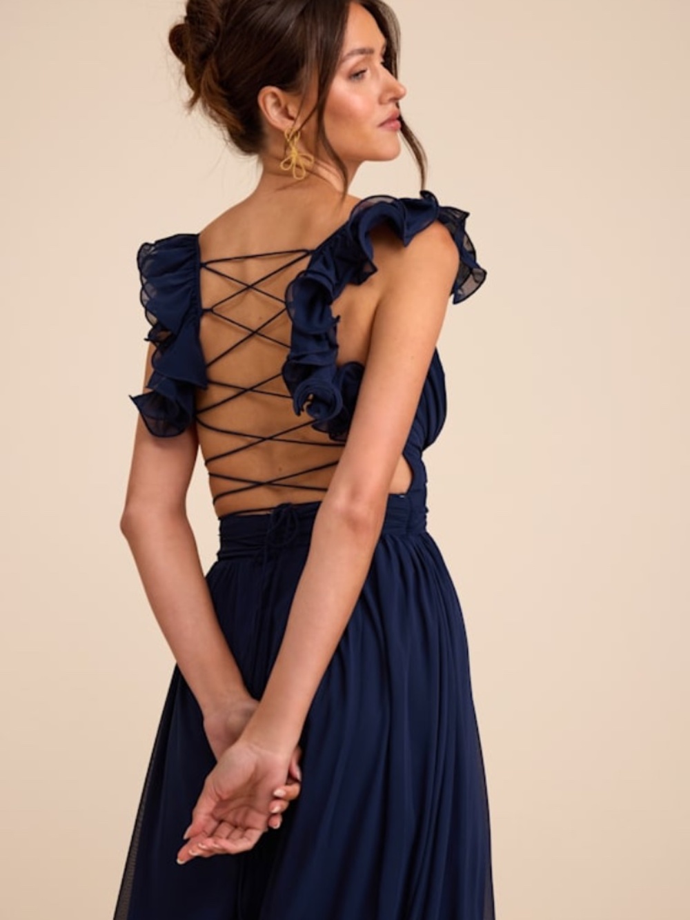 Lulus Soiree Celebration Navy Blue Ruffled Lace-up Maxi Dress - Size XL